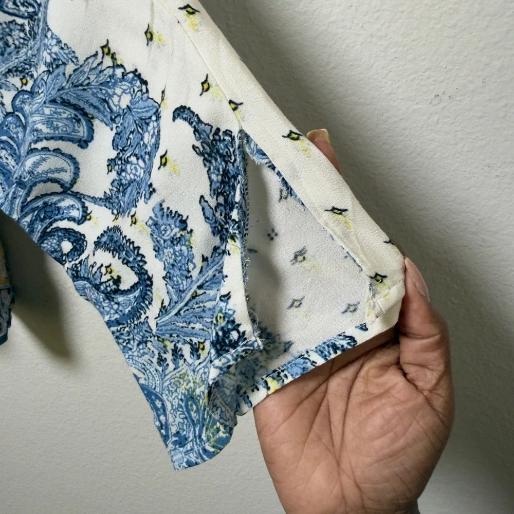 Free People Women Lola Floral Top Large Blue Patchwork Paisley‎ Button Front